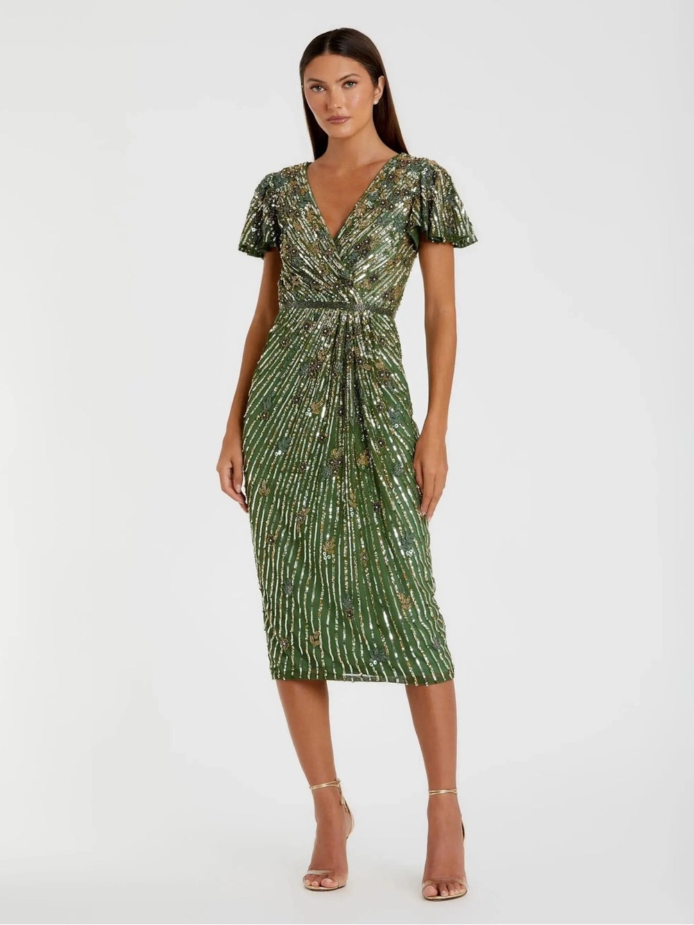 Mac Duggal Embellished Sequinced Sage Green Faux Wrap #5582 Midi Dress 10 NWT